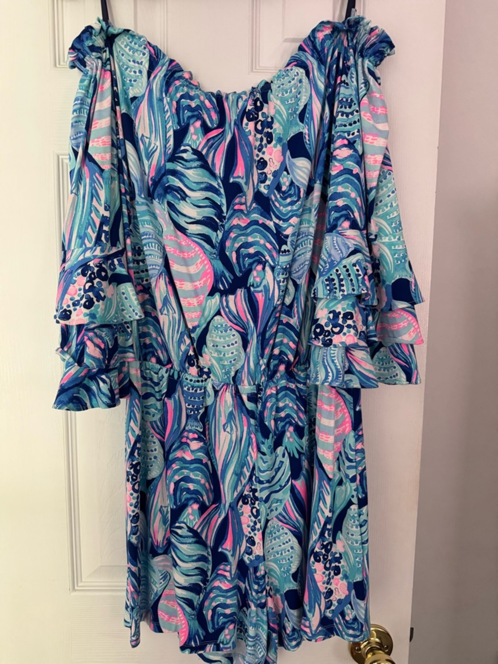 Tropical Print Off-Shoulder Dress in Blue, Teal & Pink